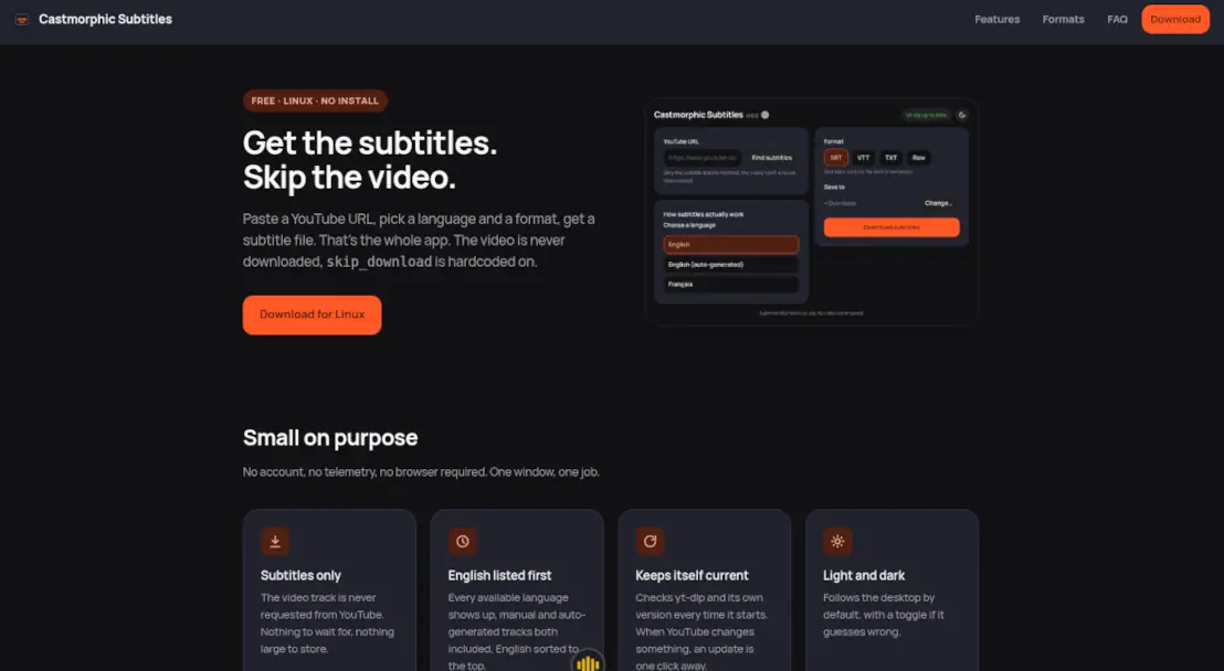 The Castmorphic Subtitles front page, showing the app with a language list and the SRT, VTT, TXT and Raw format picker