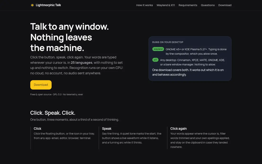 The Buildmorphic Talk front page, showing the Wayland and X11 desktop support panel beside the headline